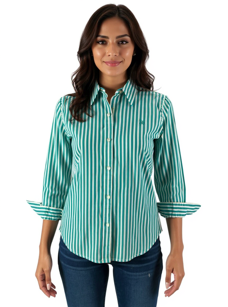 Ralph Lauren White/Aqua Stripe Pre-Owned Ladies Top - Size XS