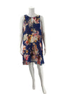 Lavender Brown Blue/Multi Floral Dress in size large, sleeveless with a keyhole neckline, featuring vibrant floral print on flowy fabric.