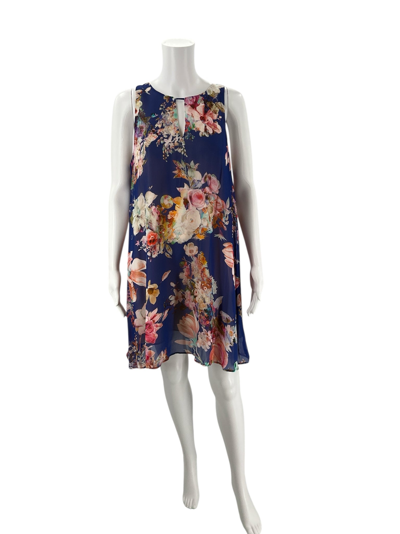 Lavender Brown Blue/Multi Floral Dress in size large, sleeveless with a keyhole neckline, featuring vibrant floral print on flowy fabric.