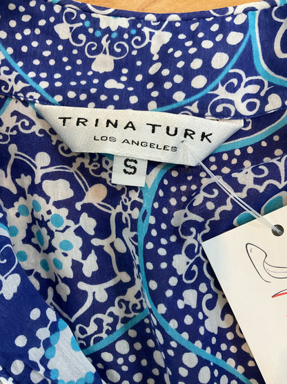 Trina Turk Fanciful Medallion Print Silk Cotton Blend Top Blue White Size Small