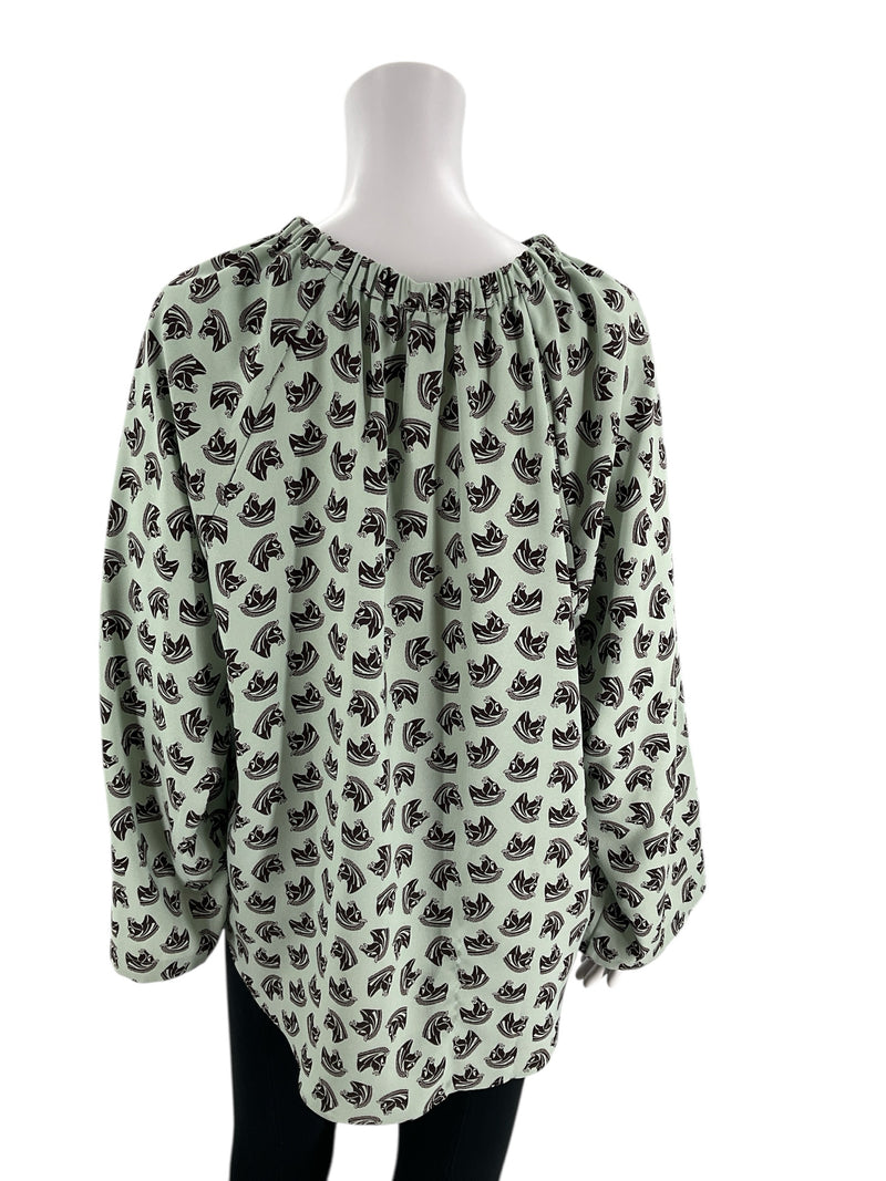 Back view of Ann Taylor Mint/Maroon Pre-Owned Top - Size Large showing gathered neckline and flowy silhouette in mint with maroon horse print.