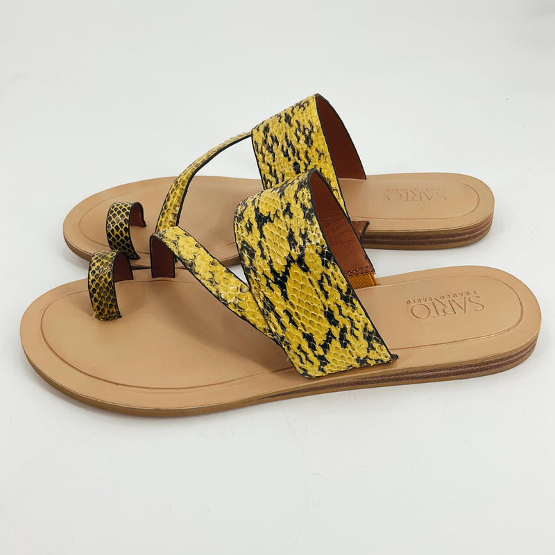 Franco Sarto Yellow/Black Snake Pre-Owned Ladies Sandals - Size 9 with wide strap and toe loop in faux snakeskin. Slip-on flat sandal for summer wear.
