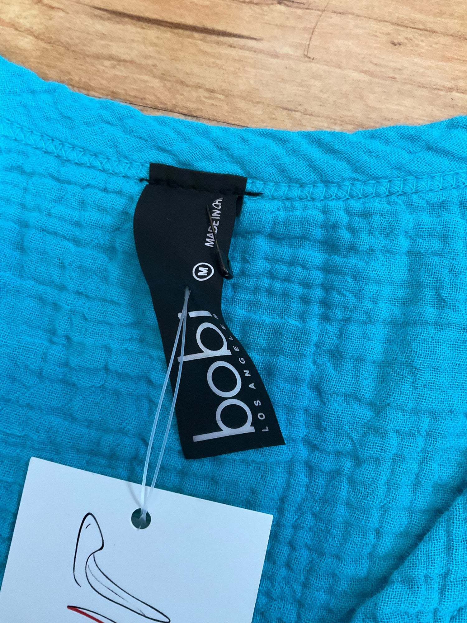 bobi Los Angeles Gauze V-Neck Tank Top Braided Trim Turquoise Medium