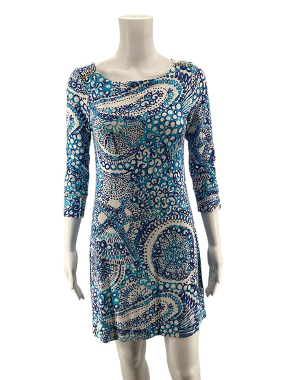 Lilly Pulitzer Sophie Dress Size S Blue White Medallion Print 3/4 Sleeve