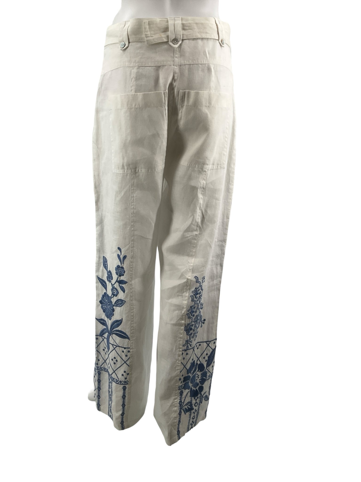 Johnny Was Terez Linen Pants White Blue Embroidered Wide Leg Boho Size XS