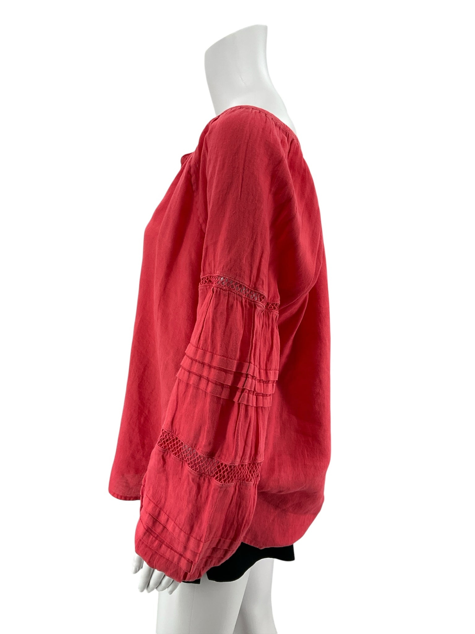 Lilly Pulitzer Katrina Linen Top Coral Crochet Lace Bishop Sleeve Blouse Size Large