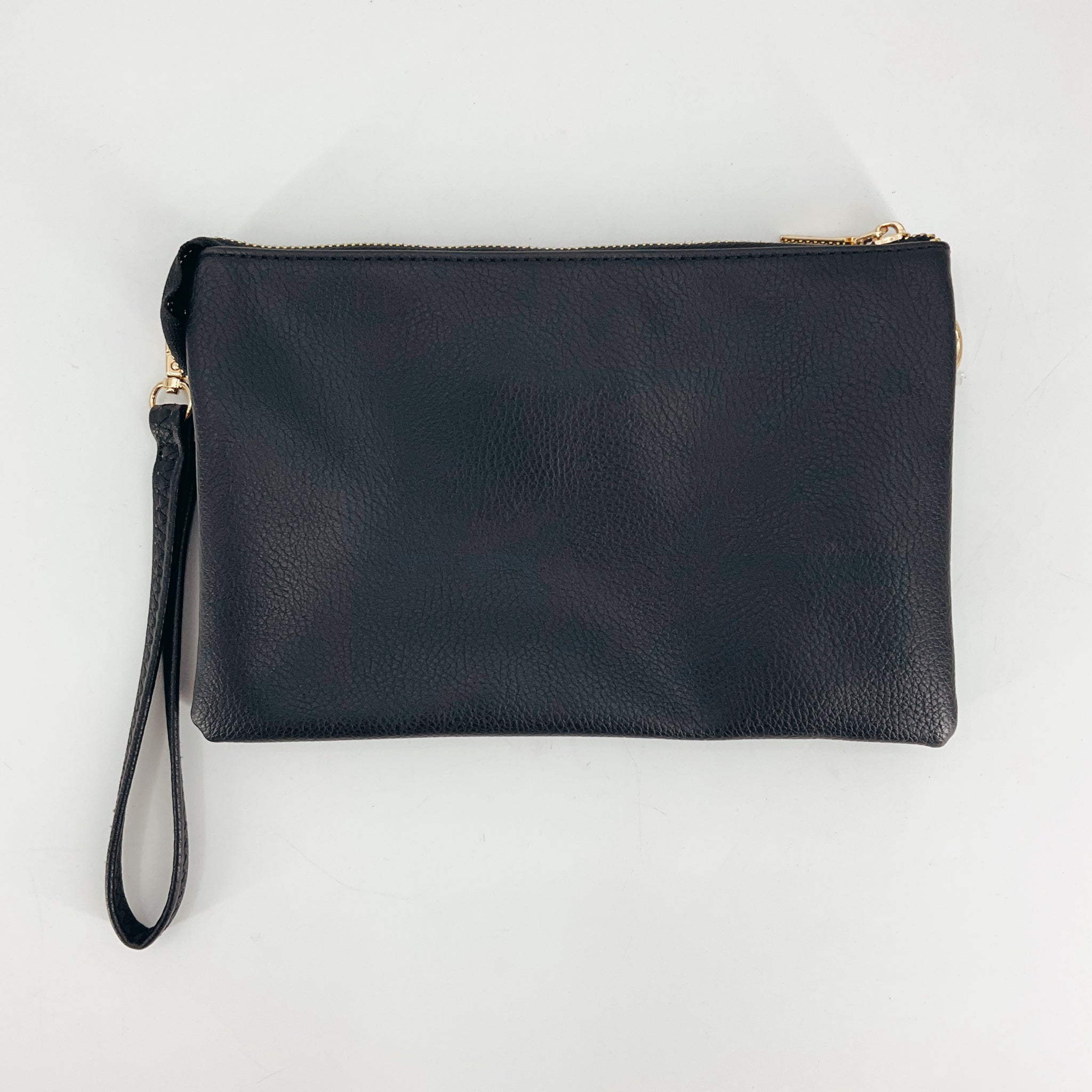 Jen & Co Black Solid Pre-Owned Purse shown with wristlet strap, featuring a sleek minimalist look. Shop at Margaret's Fine Consignments.