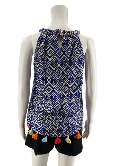 THML Geometric Fringe Hem Halter Top Blue White Boho XS