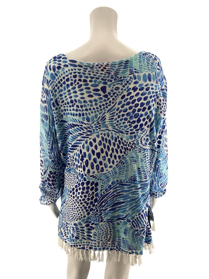 Lilly Pulitzer Tatum Sweater Seas The Day Print Fringe Hem Tunic Top Size Large