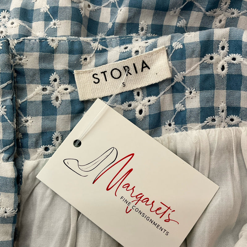 Storia White Blue Checkered Puff Sleeve Dress – Size Small, Excellent Pre-Owned - Margaret’s Fine Consignment
