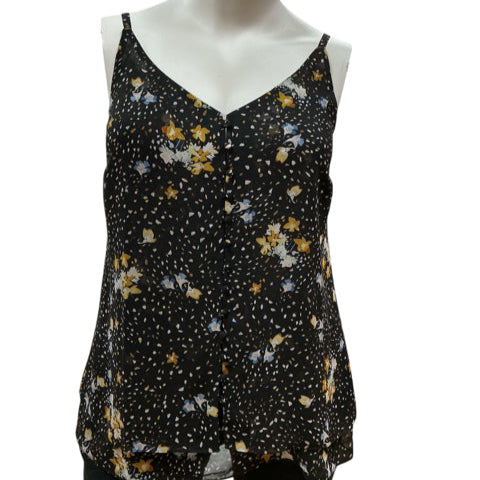 Cabi Black/Blue Ladies Pre-Owned Top - Size XL featuring a floral print tank design with spaghetti straps and a flowy silhouette, front view.