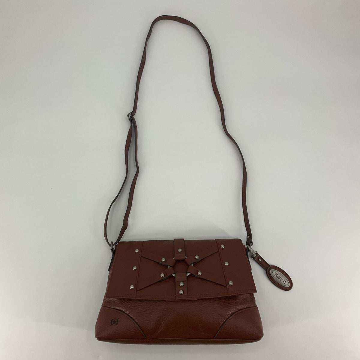 Born Sarala Studded Woven Leather Crossbody Bag Cognac Brown