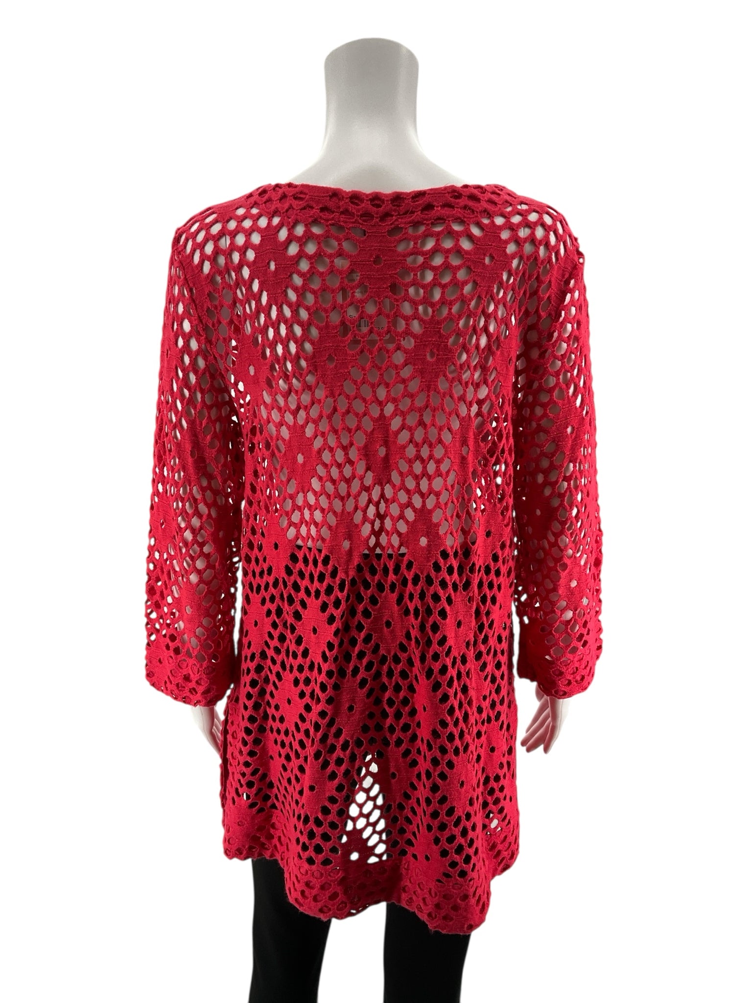 Kaktus Pink Crochet Knit Tunic Top Bohemian Artsy 3/4 Sleeve Size Large