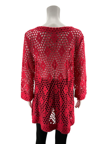 Kaktus Pink Crochet Knit Tunic Top Bohemian Artsy 3/4 Sleeve Size Large