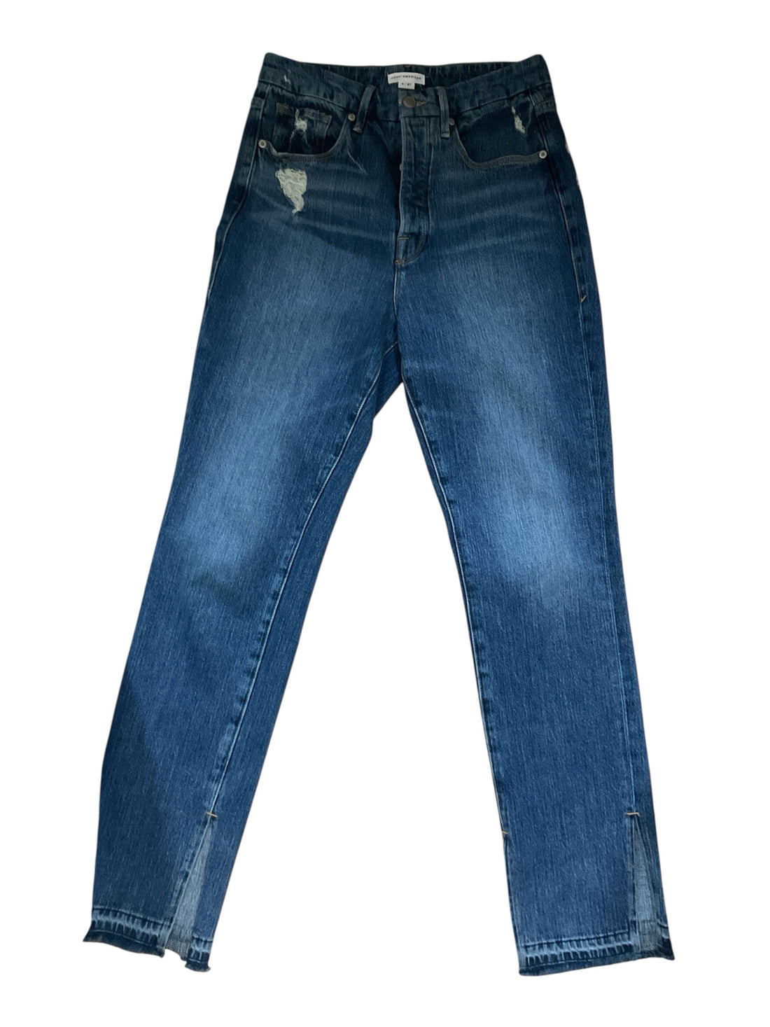 Good American Good Legs Straight Slit Hem Jeans Size 4/27 Blue Distressed High Rise