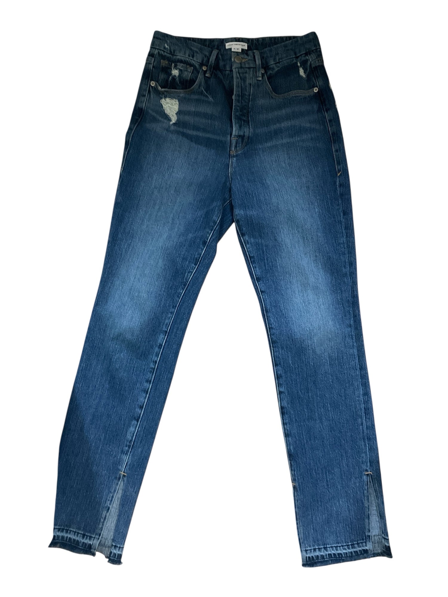 Good American Good Legs Straight Slit Hem Jeans Size 4/27 Blue Distressed High Rise