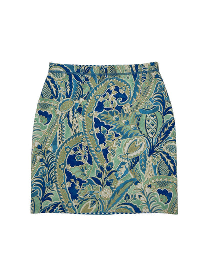 J. McLaughlin Catalina Cloth Paisley Botanical Skirt Size Small Blue Green