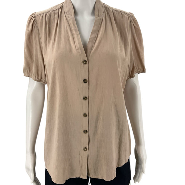 Fun2Fun Tan Top | Pre-Owned Size Large with short sleeves and button-down front, ideal for casual summer wear.