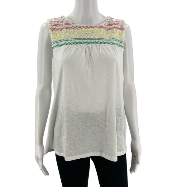 Loft white multi top medium petite with colorful smocked yoke, sleeveless design, and flowy fit. Ideal for casual wear from women’s consignment.