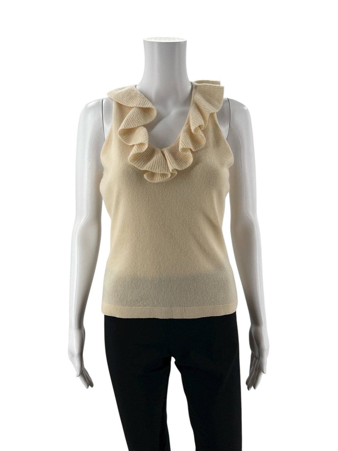 Ann Taylor cream sleeveless sweater top with ruffle neck, size small, perfect for business casual and preppy styles.