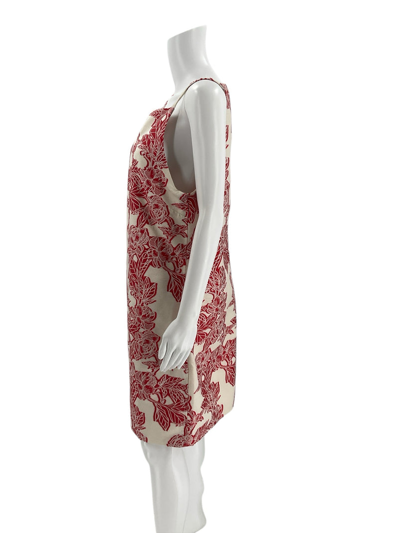 Side profile of THML sleeveless white/red floral dress, size large. Lightweight fabric with flattering silhouette for summer occasions.