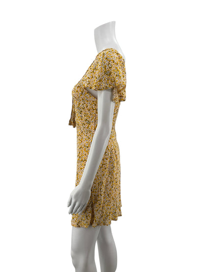 Princess Polly Mustard Mini Mustard Yellow Daisy Floral Tie-Front Mini Dress Size US 10 - Size 0