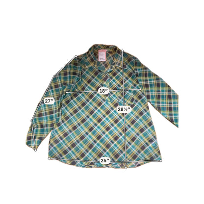 Pleione Plaid Roll-Tab Sleeve V-Neck Tunic Blouse Green Yellow | Size Large