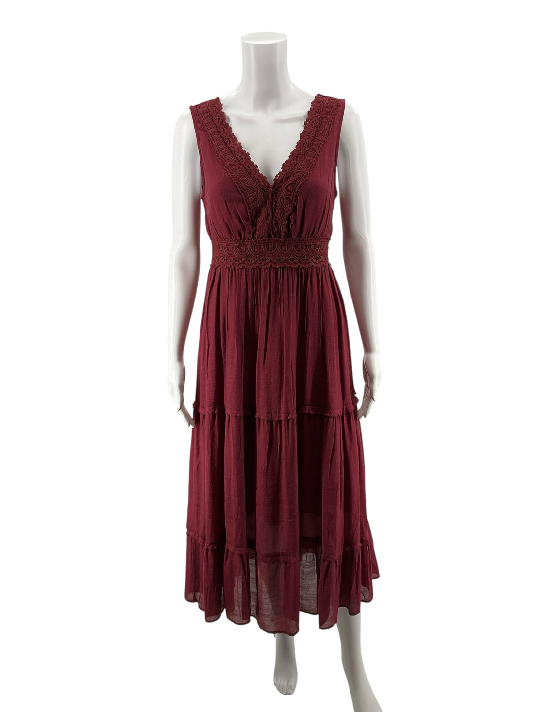 Rebellion Dream maroon Midi Maroon Lace Tiered Boho Maxi Dress Size Medium - Size M