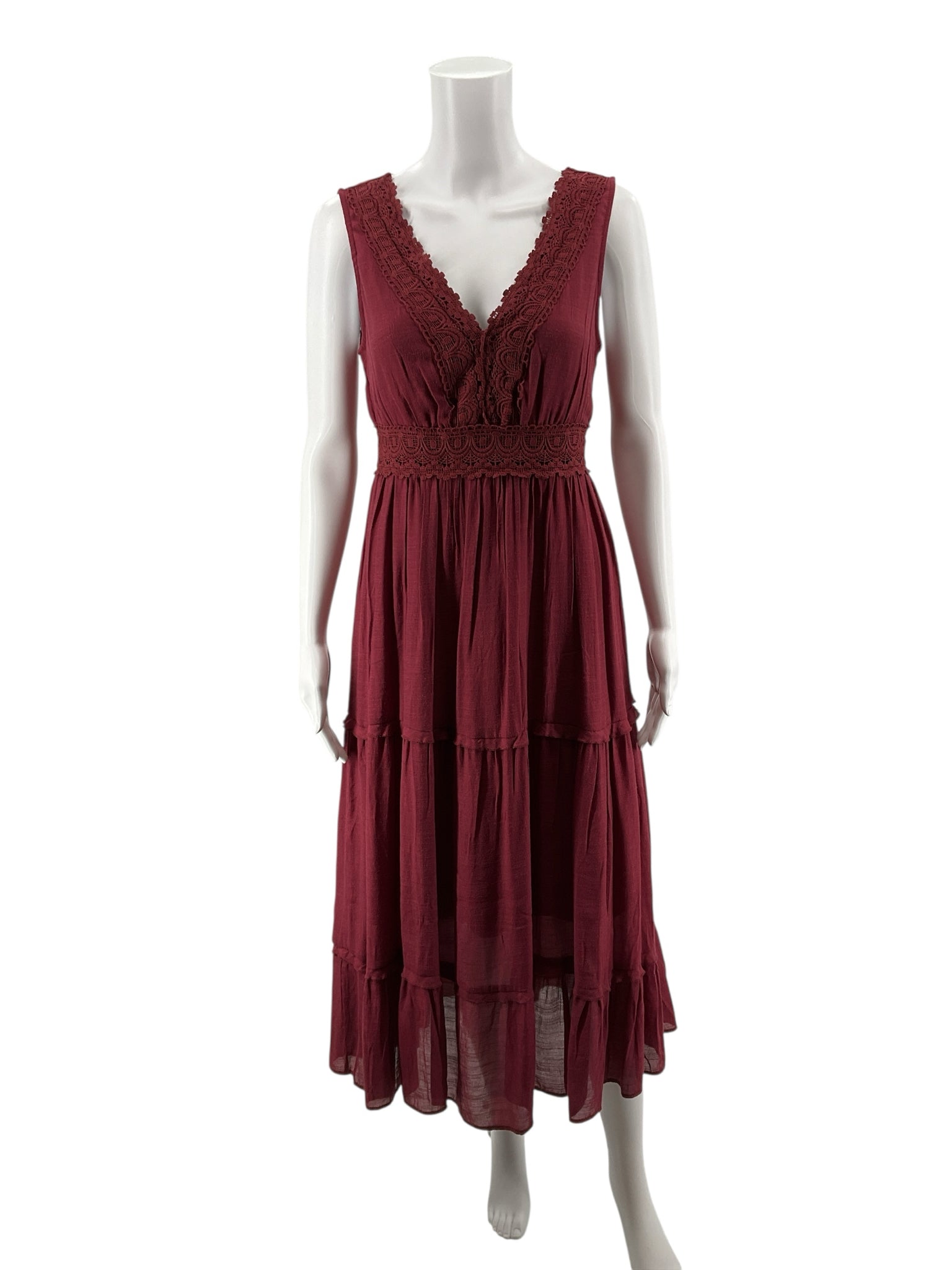 Rebellion Dream maroon Midi Maroon Lace Tiered Boho Maxi Dress Size Medium - Size M