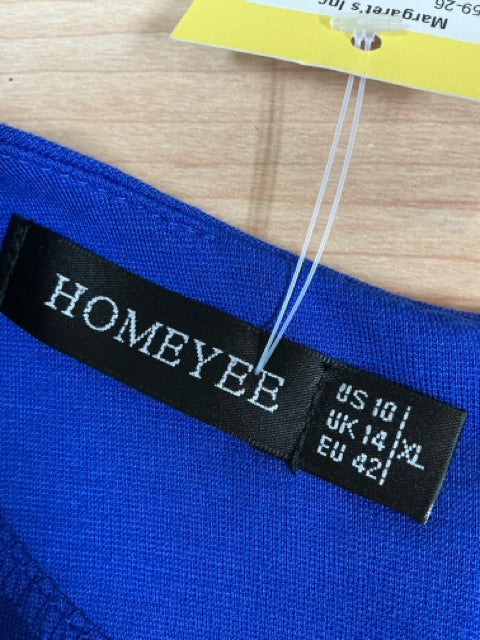 Brand label of HOMEYBEE dress indicating size US 10, UK 14, EU 42, attached to royal blue fabric for second-hand fashion listing.