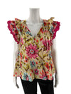 House of Harlow V Neck Top - Pink & Lime Print, sleeveless with ruffled shoulders, size medium, boho chic casual wear.