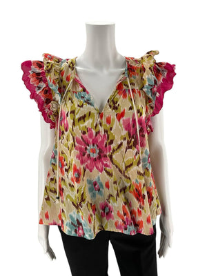 House of Harlow V Neck Top - Pink & Lime Print, sleeveless with ruffled shoulders, size medium, boho chic casual wear.