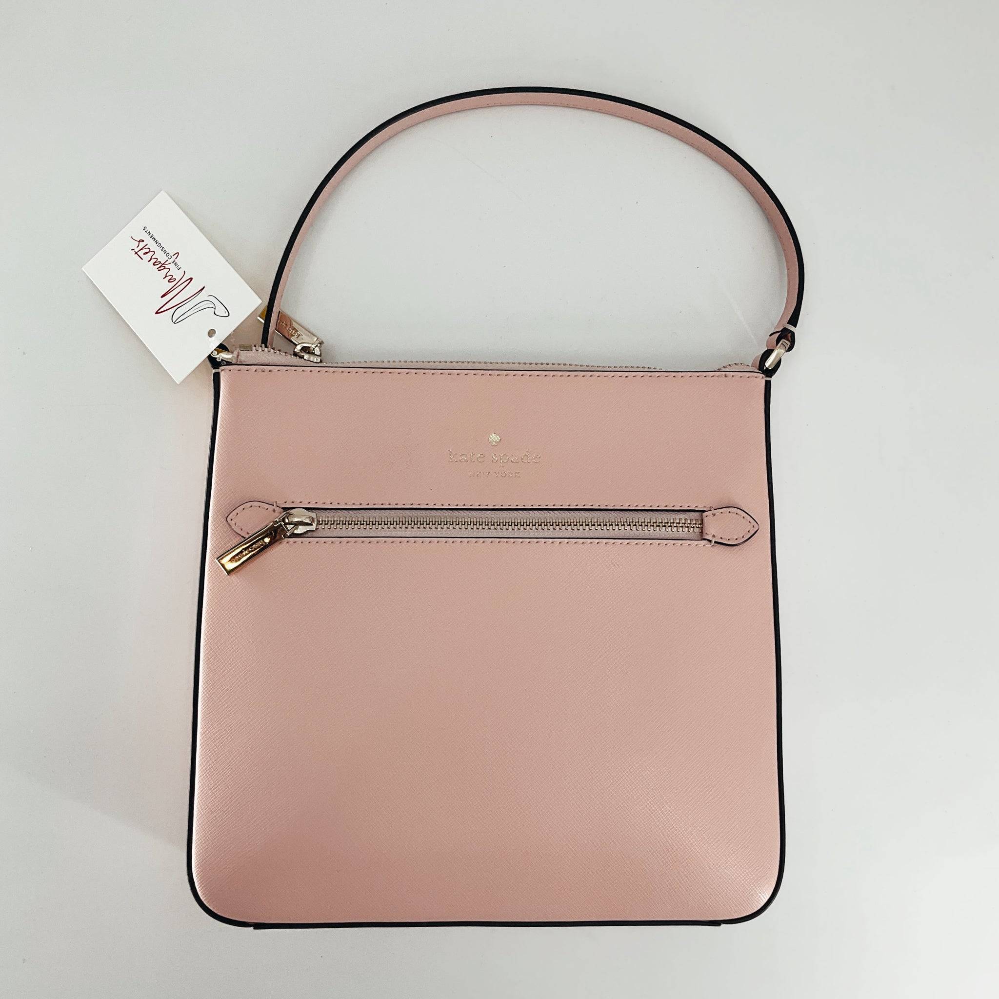 Kate Spade Pink Solid Crossbody Bag with gold zipper and top handle, new with tags, available at Margaret’s Fine Consignments.