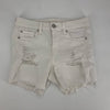 Front view of american eagle Size 4 White ripped Shorts with distressed detailing and frayed hems, ideal for casual summer wear.