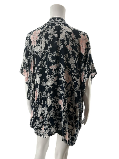 LOFT Floral Kimono Shrug Open Front Cardigan Navy Pink XS/S