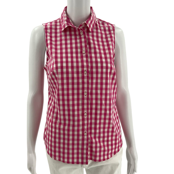 Front view of J Crew Pink/White Checkered Pre-Owned Ladies Casual Top - Size XS on mannequin, sleeveless with collared neckline.
