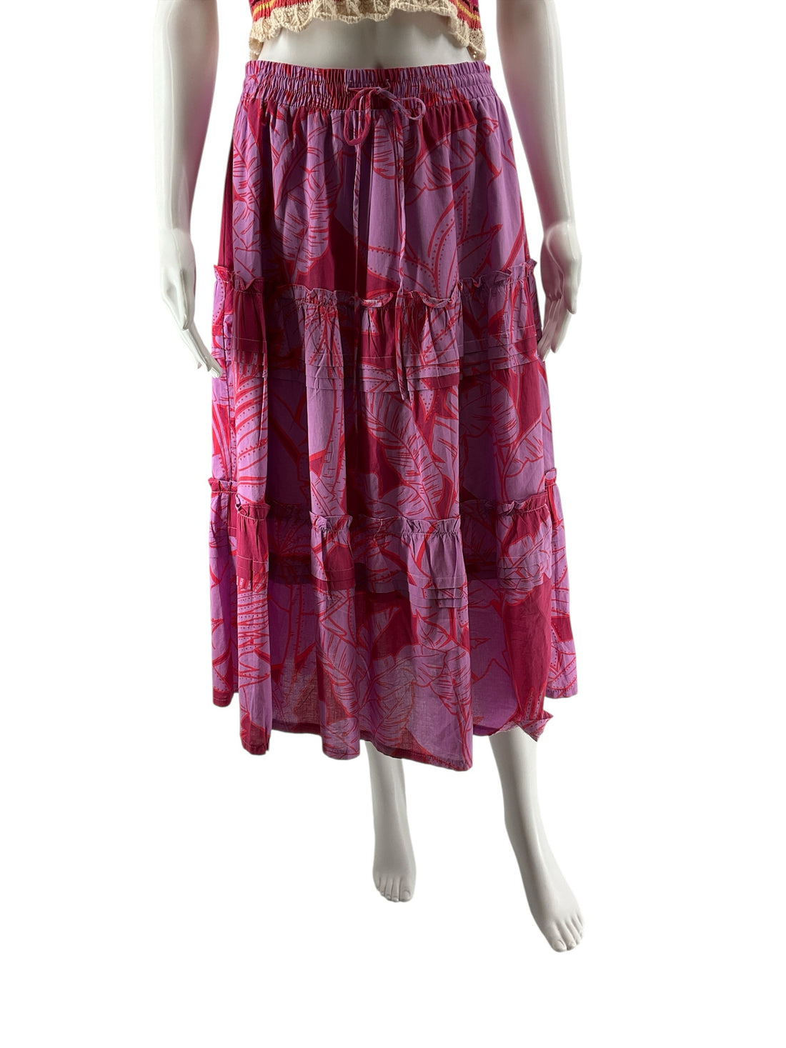 Pinch Tiered Tropical Leaf Print Cotton Maxi Skirt Size Large