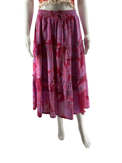 Pinch Tiered Tropical Leaf Print Cotton Maxi Skirt Size Large