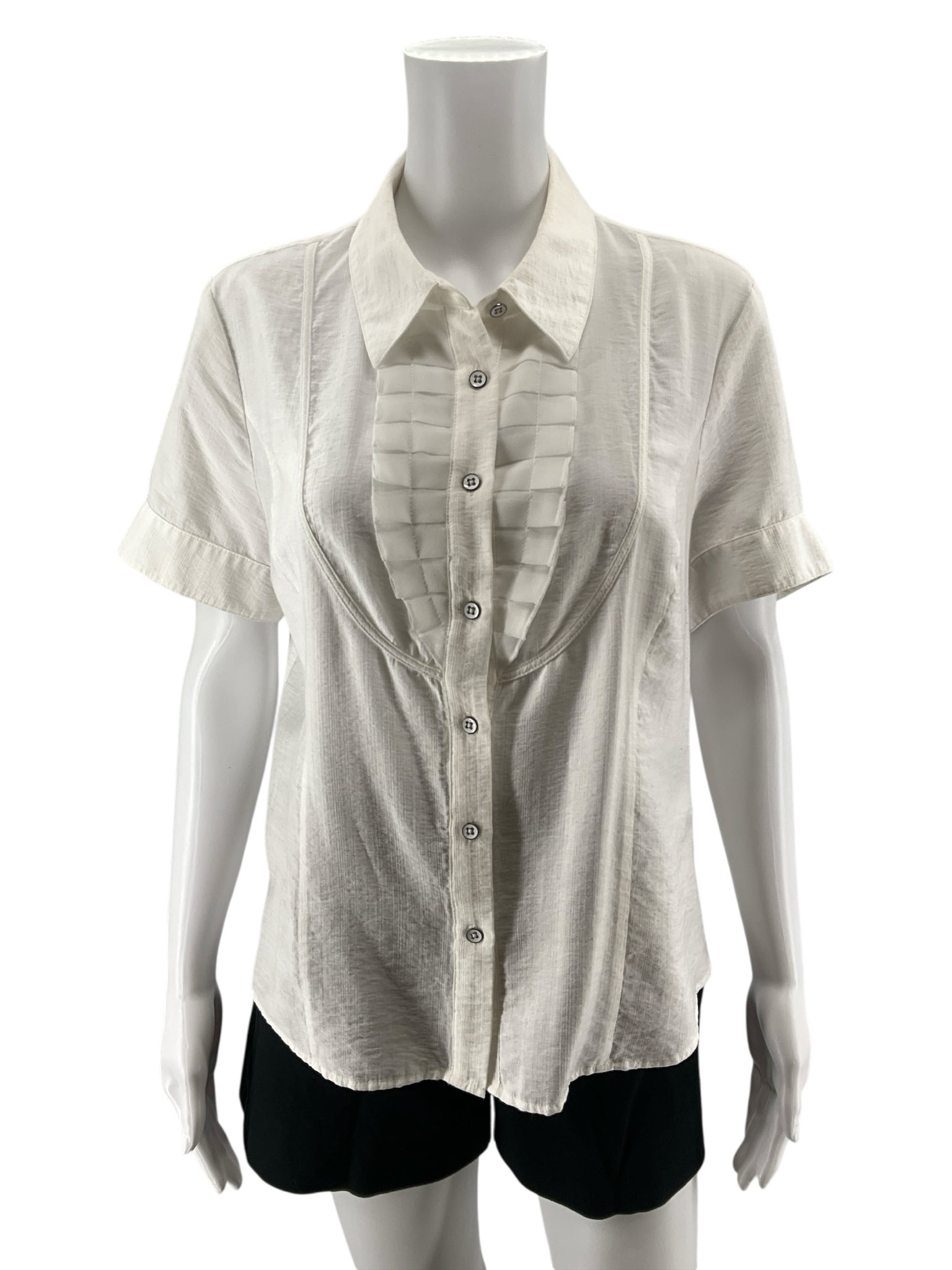 cabi Pintuck Blouse Whisper White Short Sleeve Top Size Medium