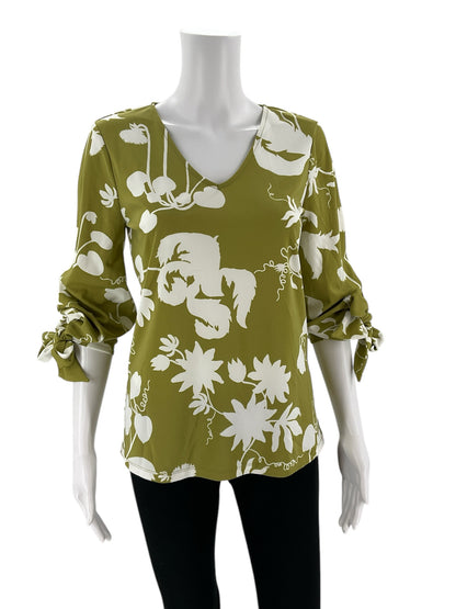 Ann Taylor Green Floral Tie Sleeve V-Neck Blouse Size XS