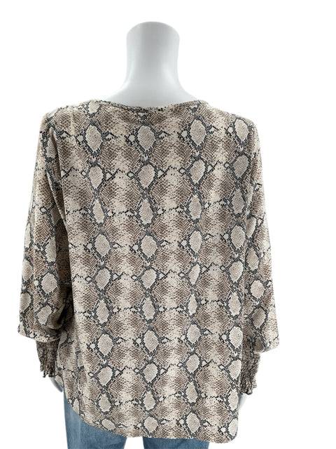 Back view of Oddy Navy/Tan/Cream Snake Print Top Size M showing relaxed fit and full snake print design, sold by Margaret’s Consignments.