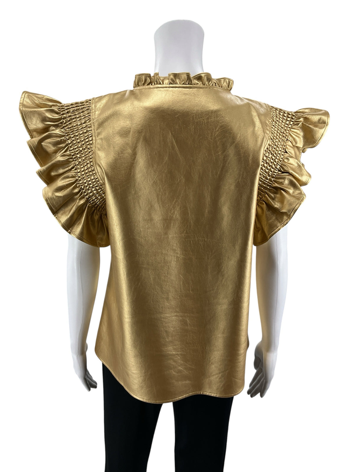 THML Metallic Gold Faux Leather Ruffle Cap Sleeve Top - Size Medium - ONLINE ONLY