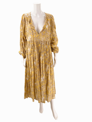 Sundry Yellow/Tan Floral Dress - Size 4 with deep V-neck and long sleeves, pre-owned beach style maxi dress ideal for casual summer outings.