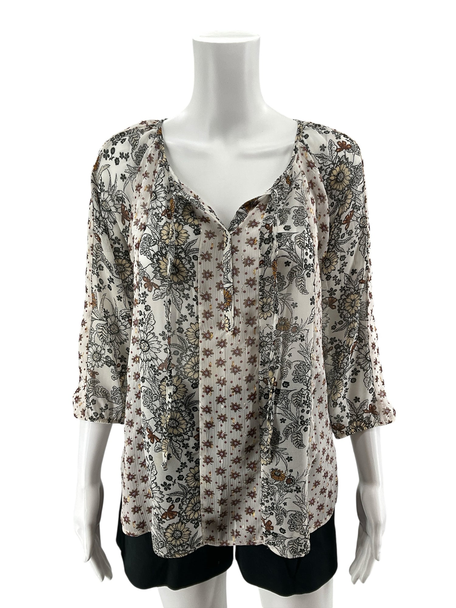 Figueroa &amp;amp; Flower Boho Mixed Floral Print Peasant Top Tassel Tie Petite Medium