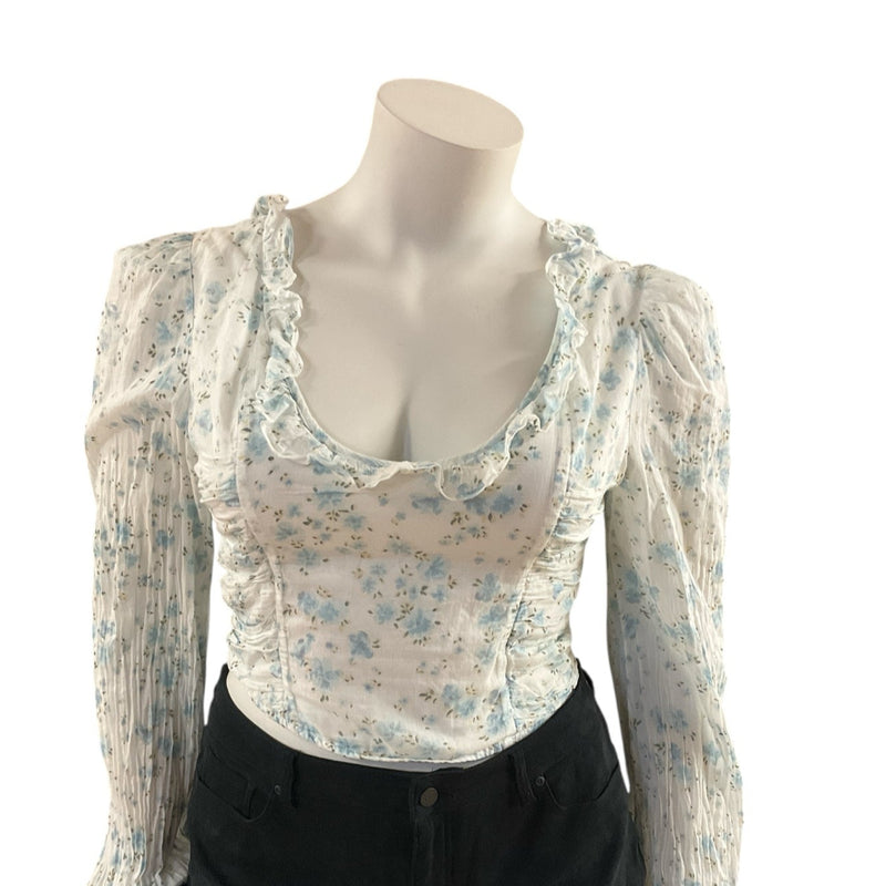 Free People White Blue Floral Peasant Blouse – Size XL, Excellent Pre-Owned - Margaret’s Fine Consignment
