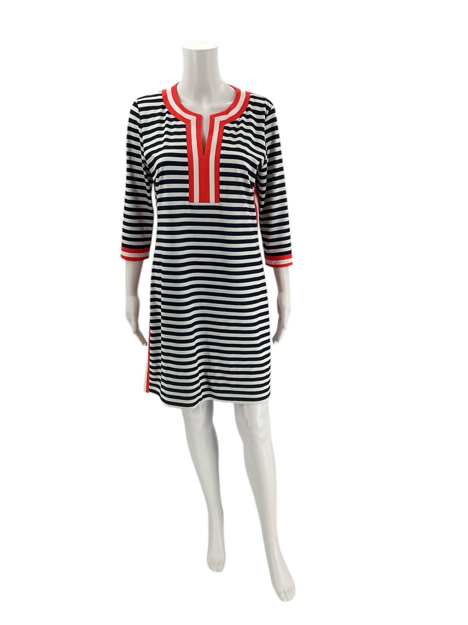 Front view of Gretchen Scott Navy & White Stripe Dress – Size Medium on mannequin, featuring red neckline and sleeve accents.