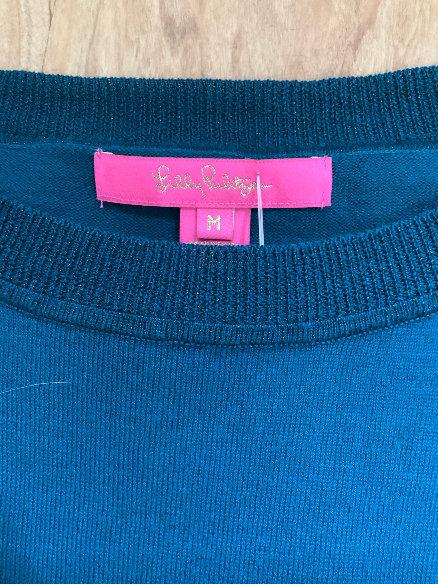Lilly Pulitzer Amalie Sweater Medium Turquoise Teal Metallic 3/4 Dolman Sleeve