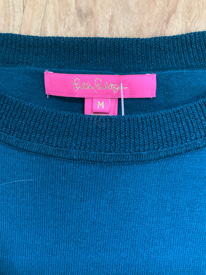 Lilly Pulitzer Amalie Sweater Medium Turquoise Teal Metallic 3/4 Dolman Sleeve