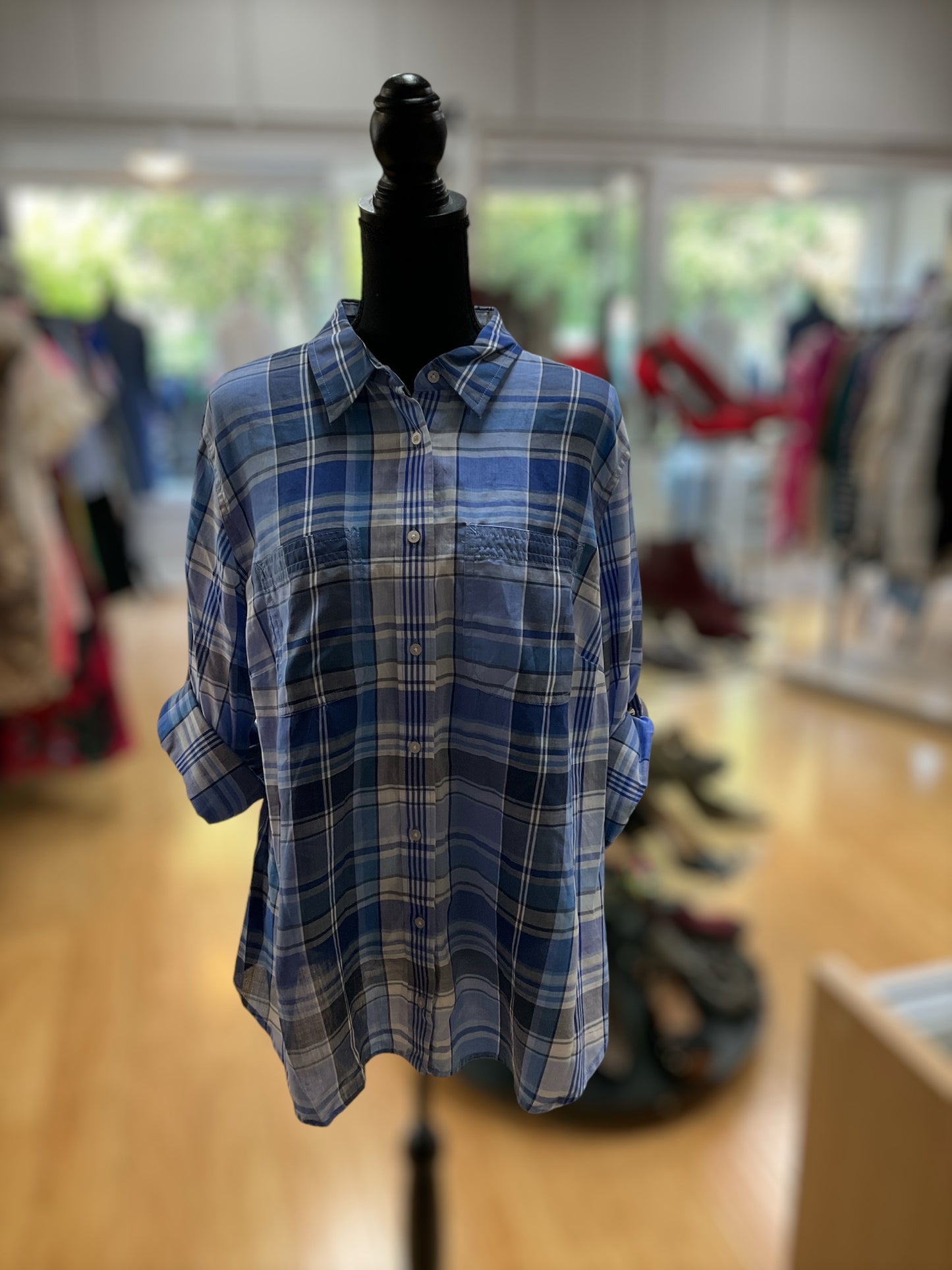 Ralph Lauren Size 2X blue/white Plaid Casual Top - Downstairs