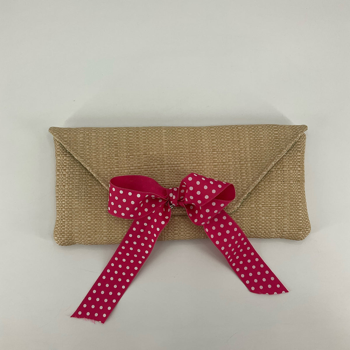 Bosom Buddy Bags Wicker Straw Clutch Pink Polka Dot Bow Summer Purse